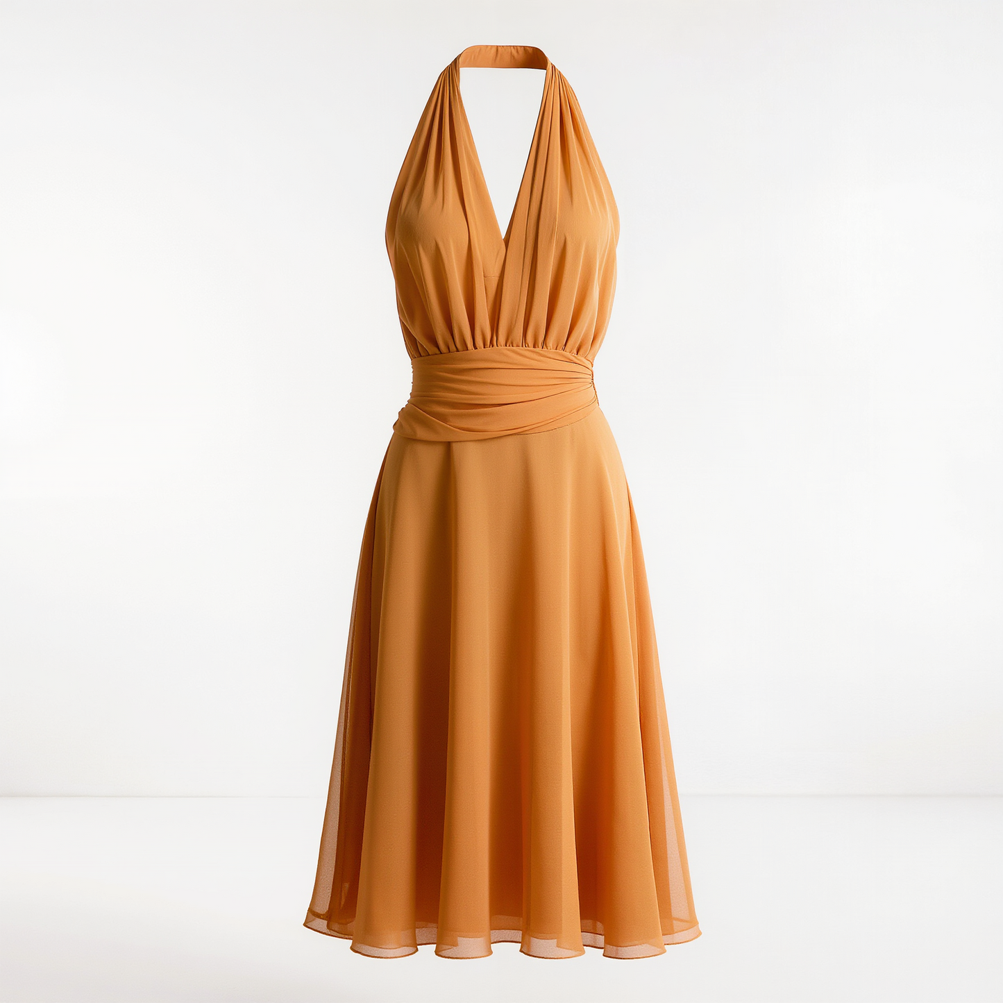 Burnt Orange Halter Neck Chiffon Midi Dress