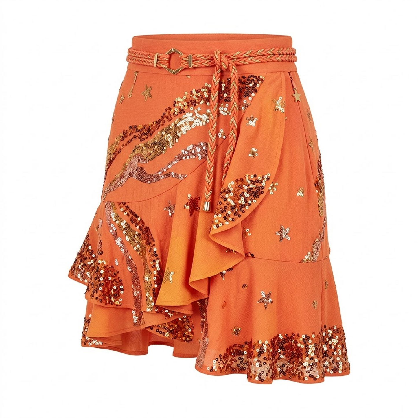 Orange Star Sequin Ruffled Mini Skirt