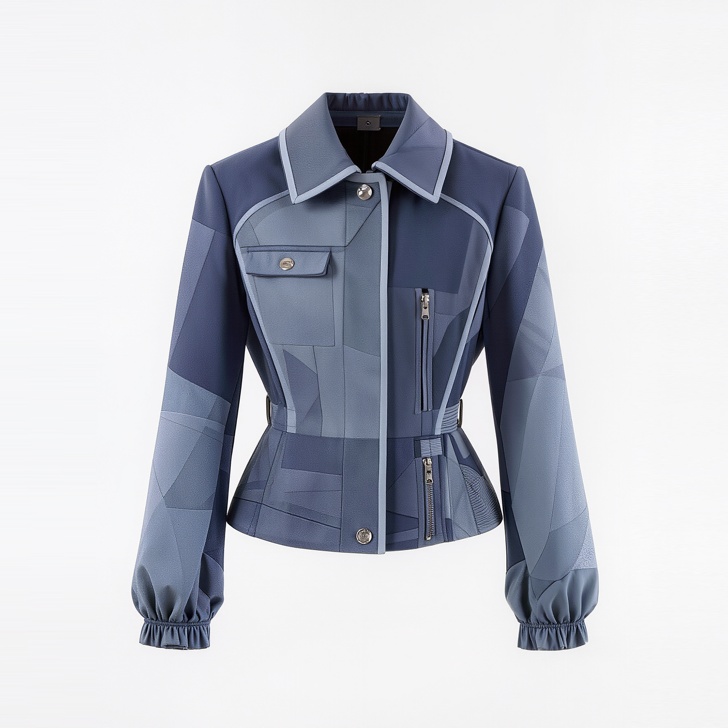 Blue Geometric Patchwork Peplum Jacket