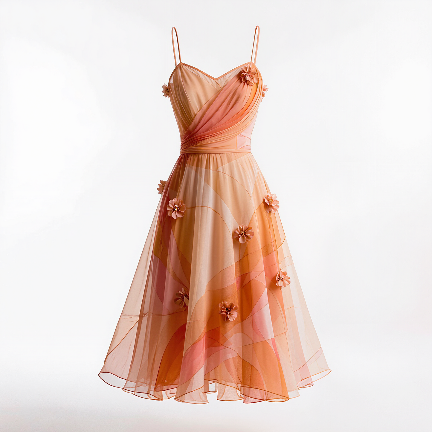 Sunset Ombre Chiffon Floral Appliqué Midi Dress