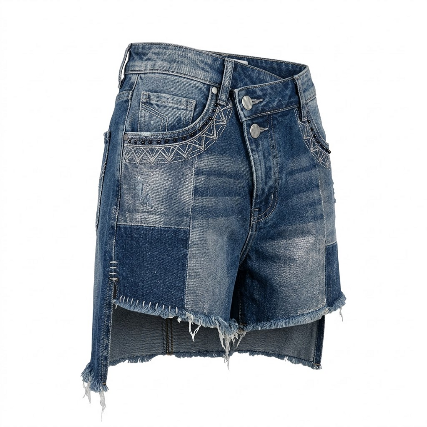Patchwork Denim Shorts with Embroidery & Asymmetric Hem