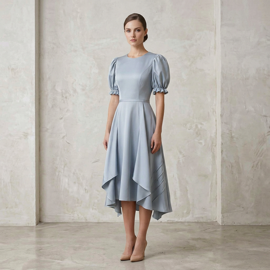 Dusty Blue Puff-Sleeve Midi Dress