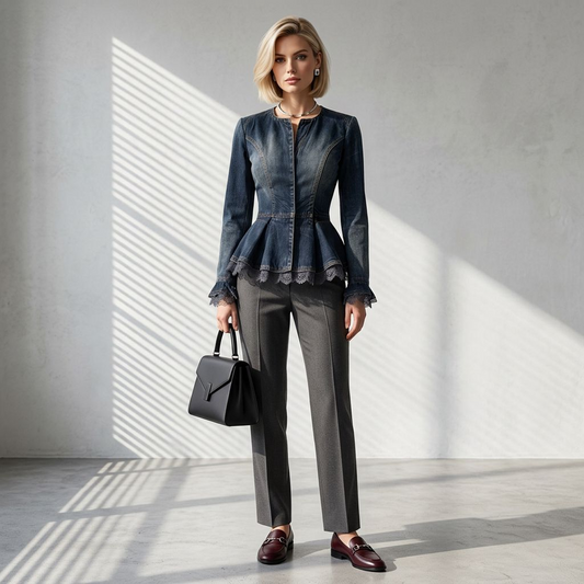 Dark Denim Peplum Jacket with Lace Trim