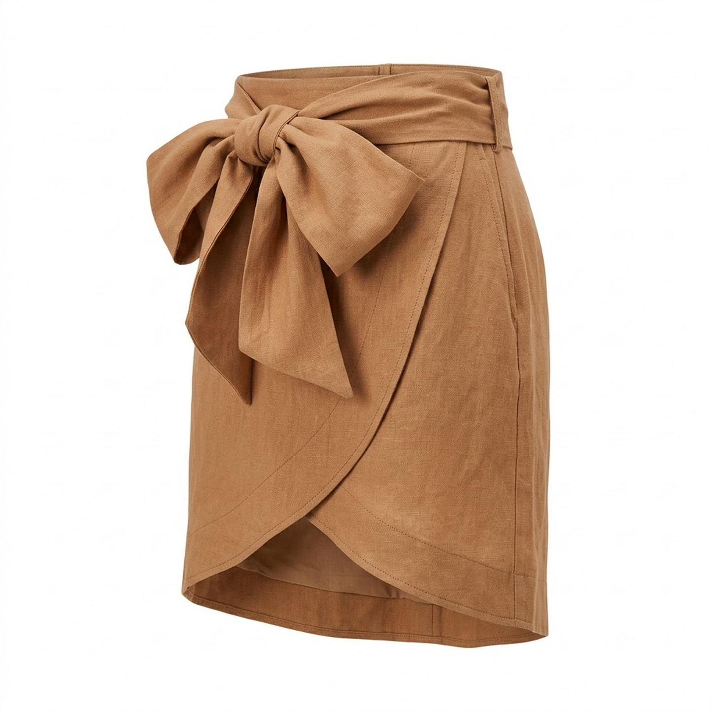 Camel Linen Wrap Mini Skirt with Bow Detail