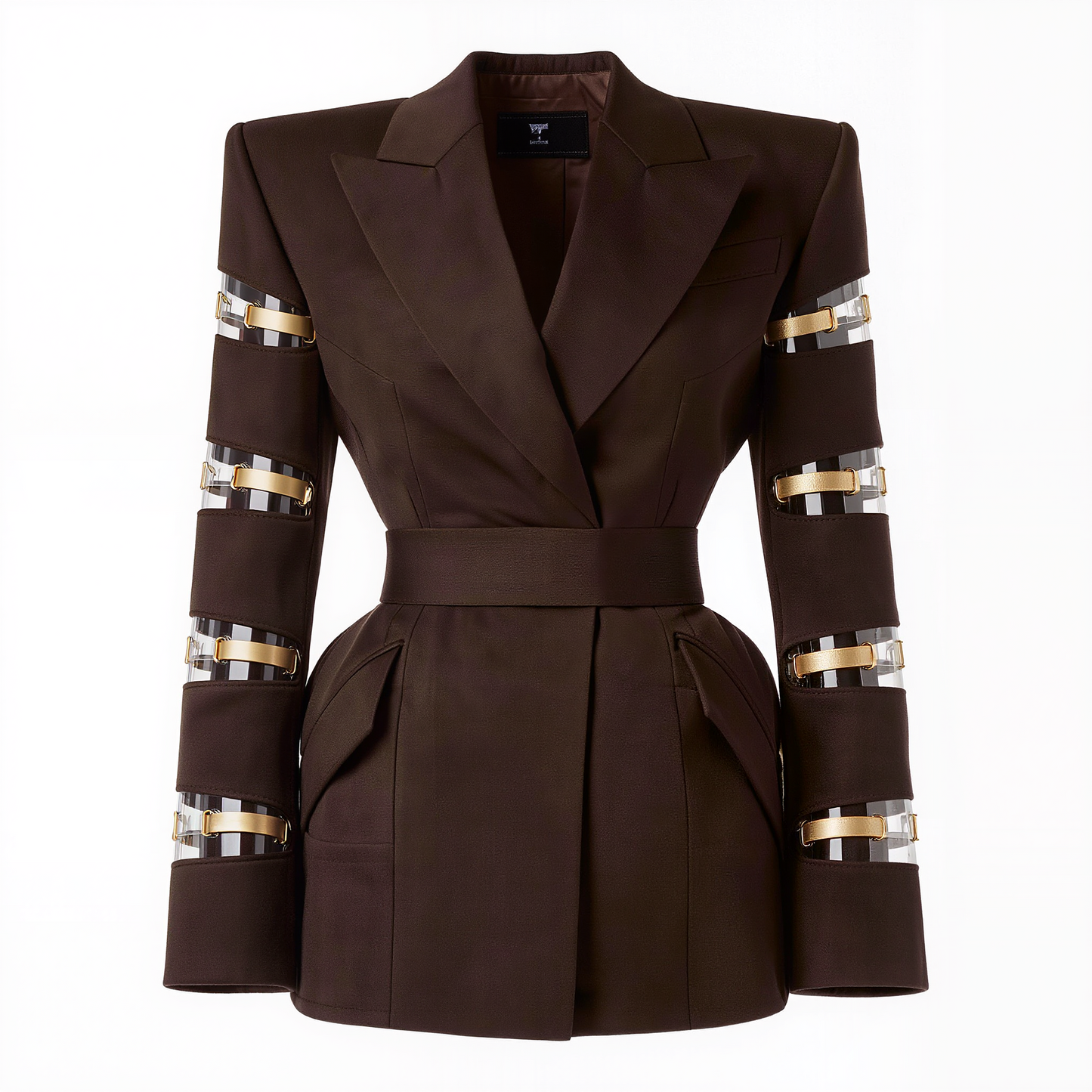Structured Brown Blazer with Gold Buckle Cut-Out Sleeves