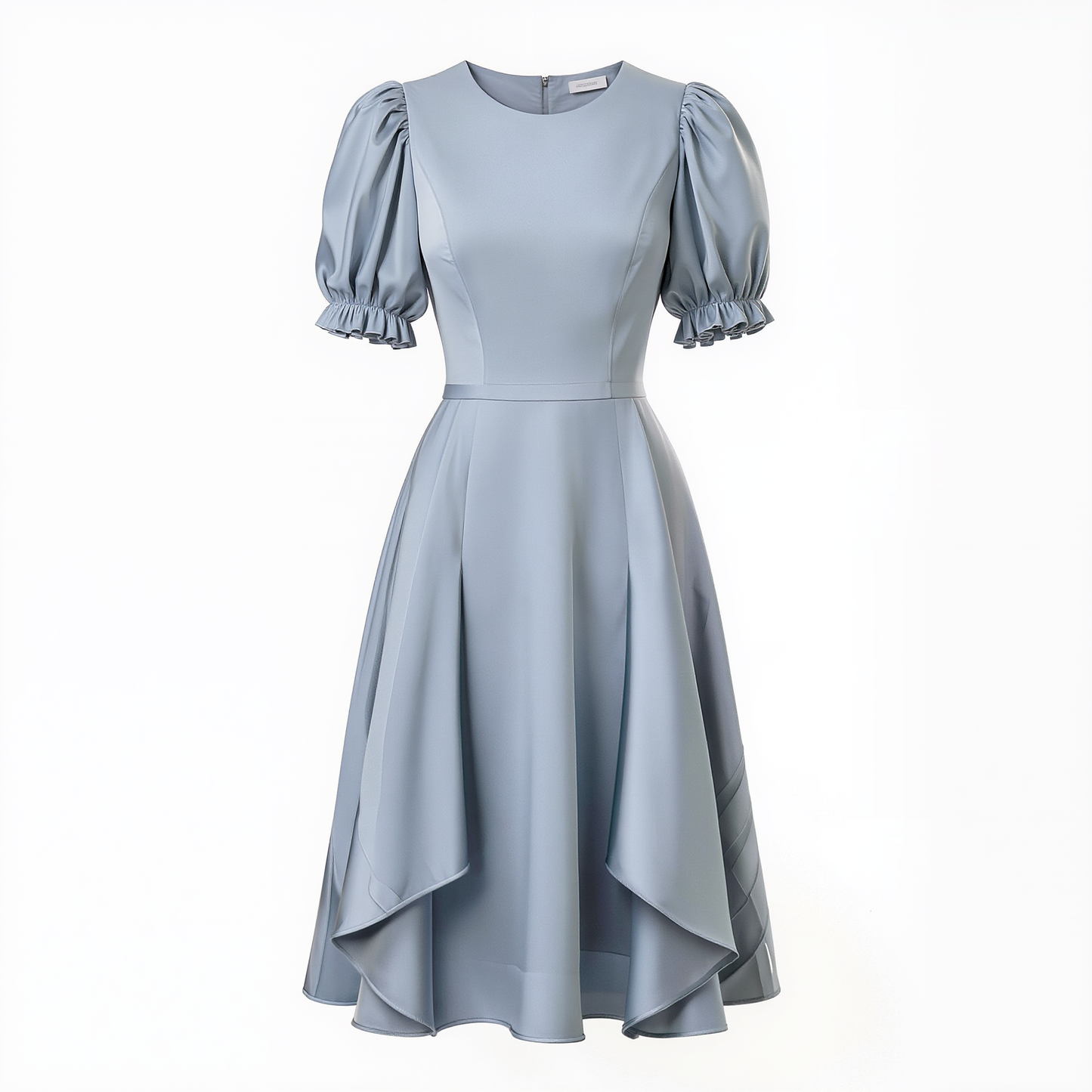 Dusty Blue Puff-Sleeve Midi Dress