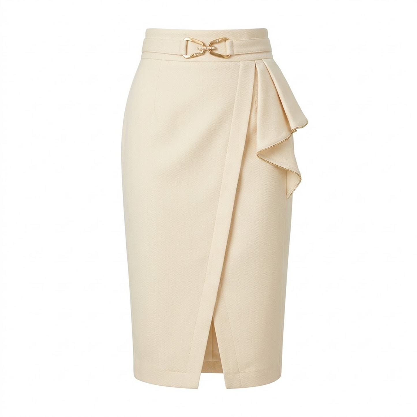 Cream Pencil Skirt with Gold Buckle & Ruffle Detail
