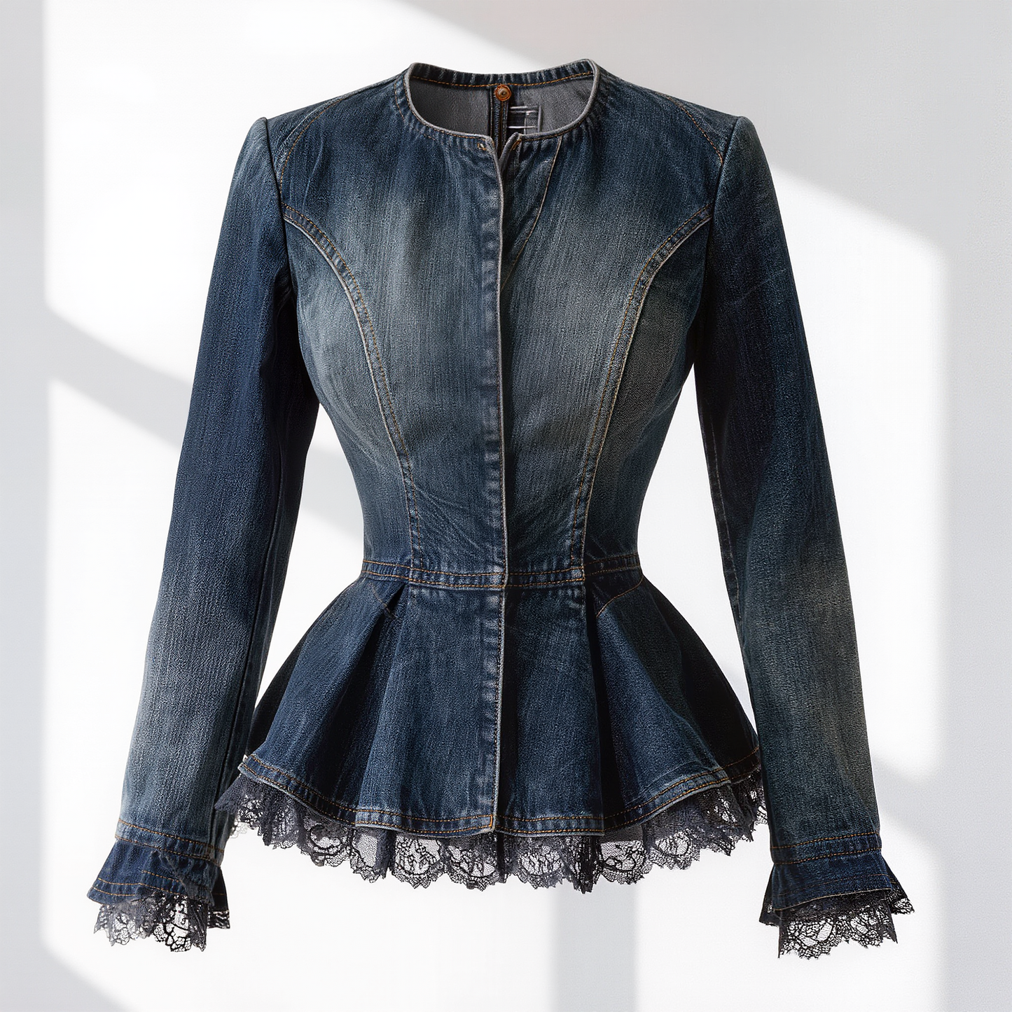 Dark Denim Peplum Jacket with Lace Trim