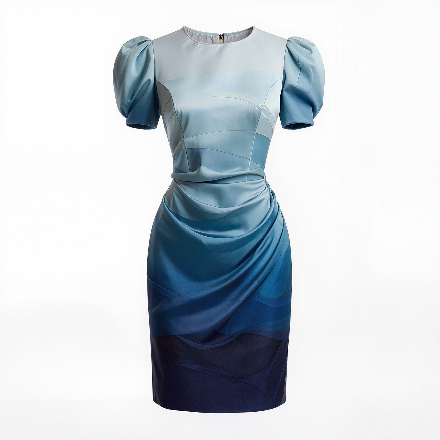 Ombre Blue Puff-Sleeve Sheath Dress