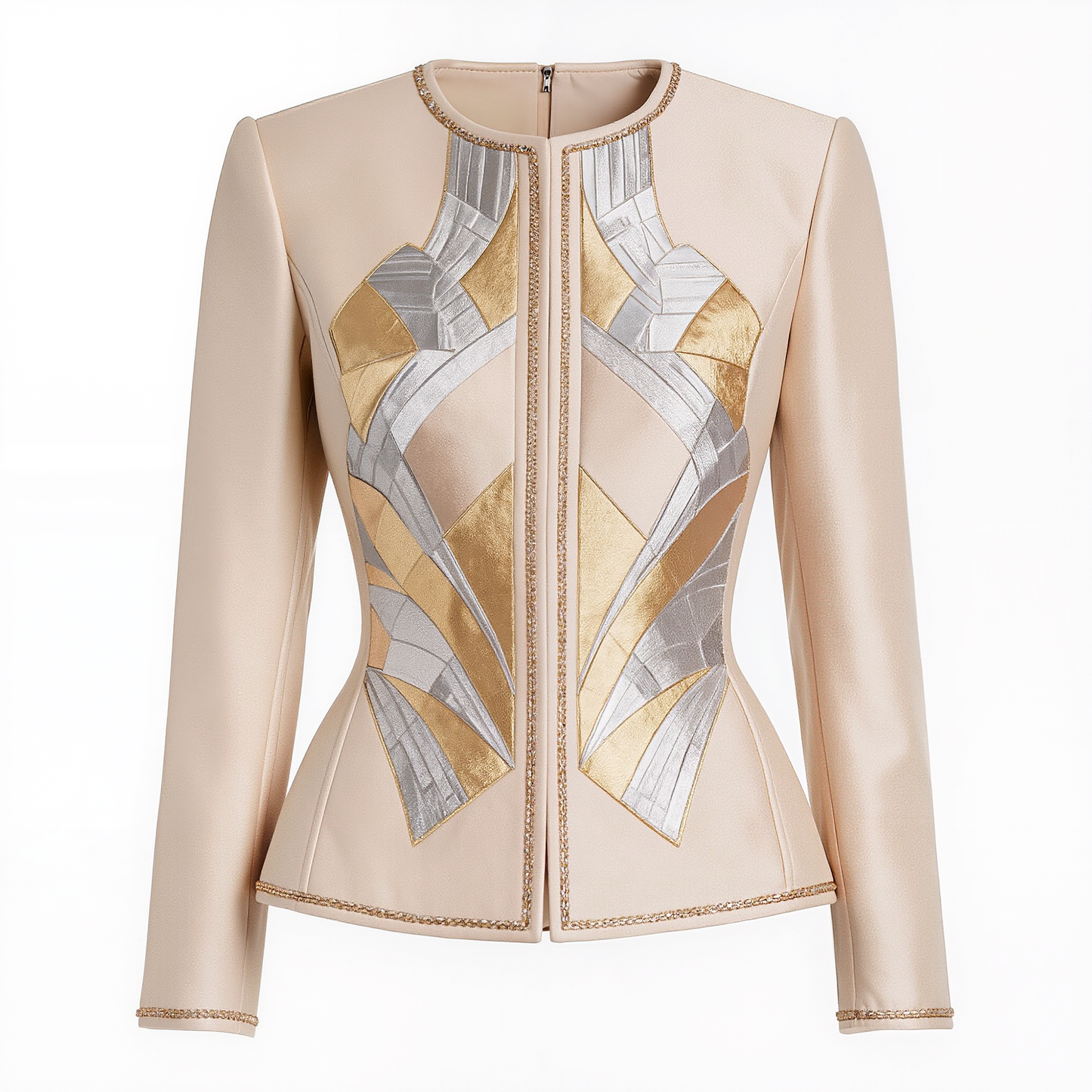 Champagne Metallic Geometric Peplum Jacket