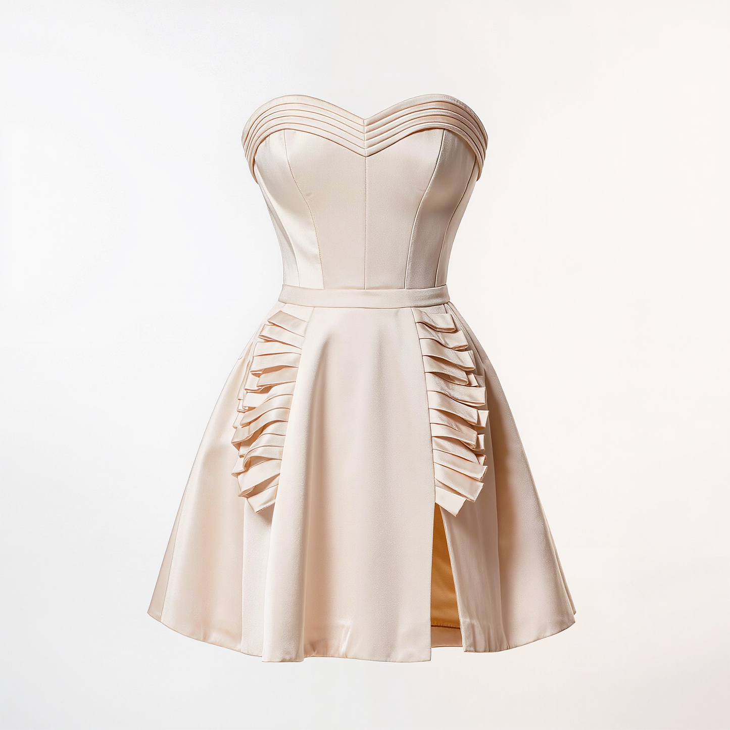 Blush Strapless Pleated Satin Fit-and-Flare Mini Dress
