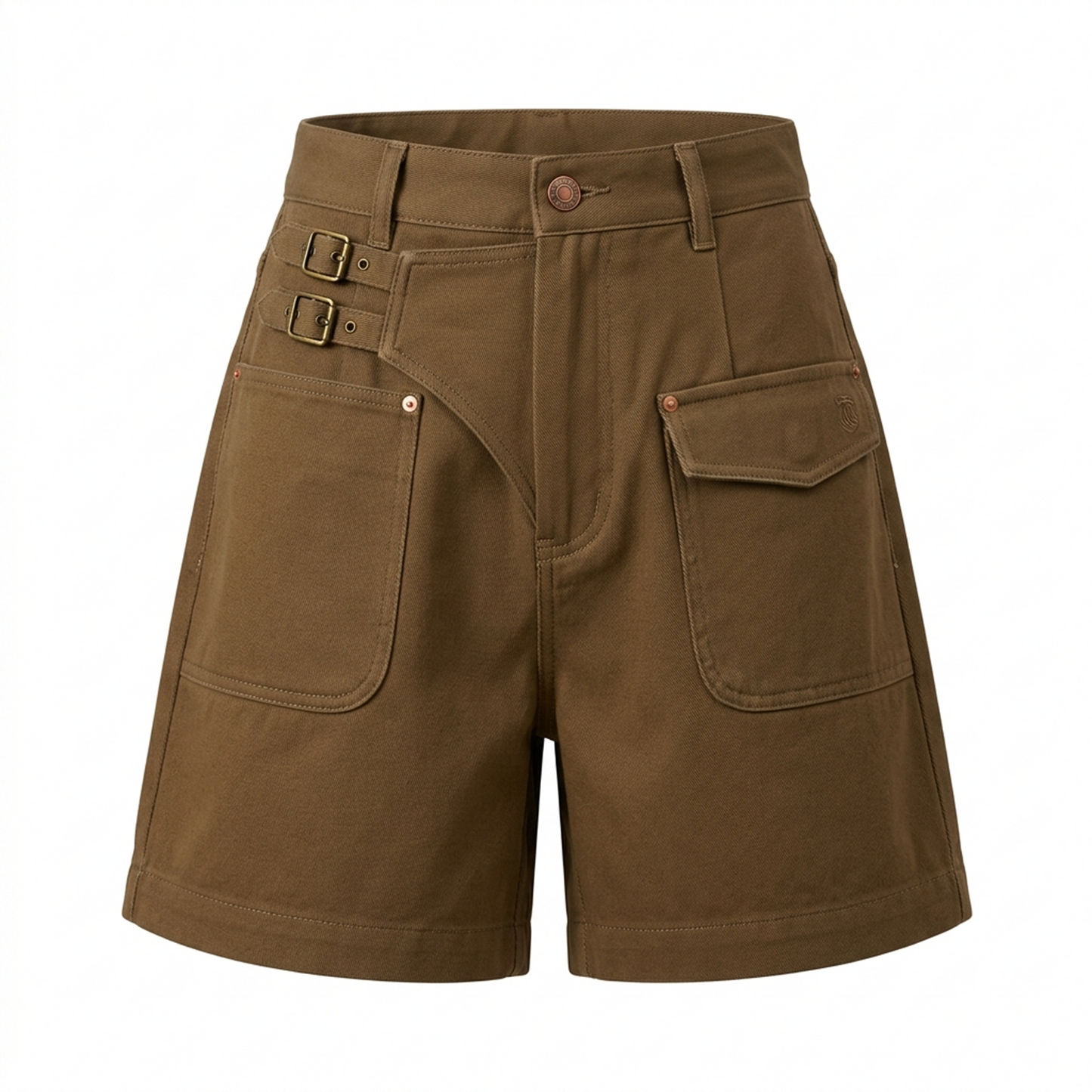 Khaki Utility Shorts with Buckle Details