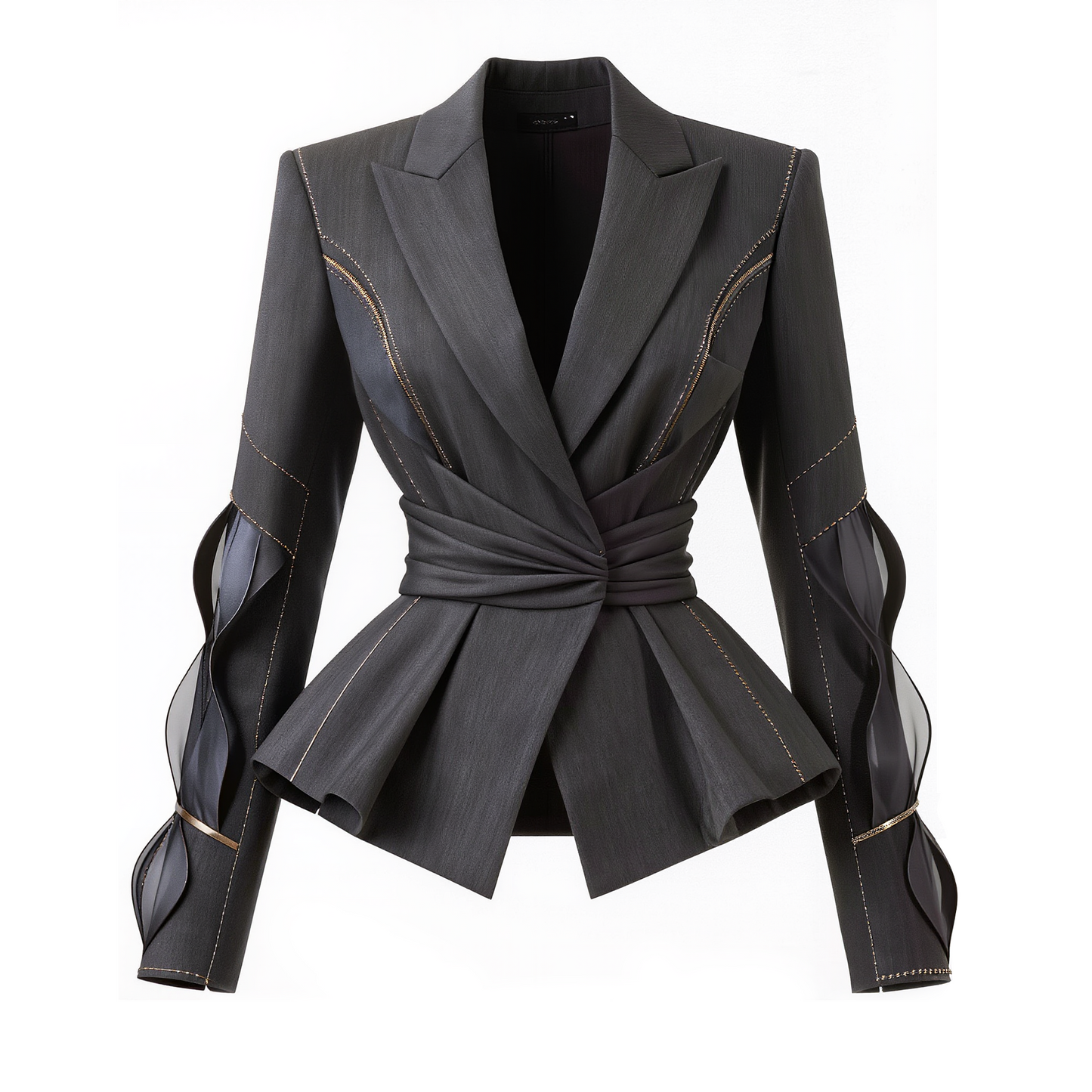 Sculptural Charcoal Peplum Blazer with Gold Stitching