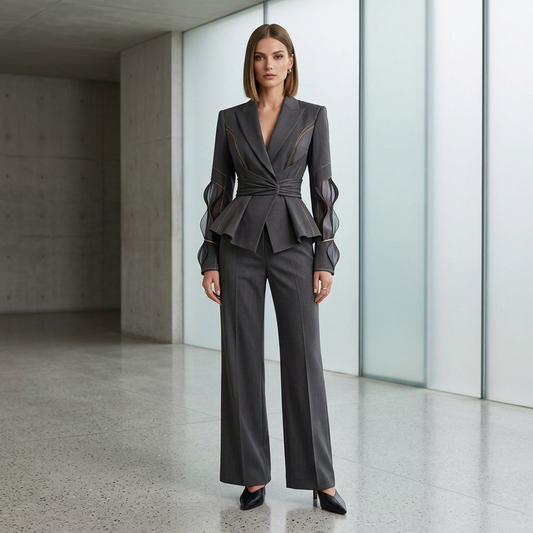 Sculptural Charcoal Peplum Blazer with Gold Stitching