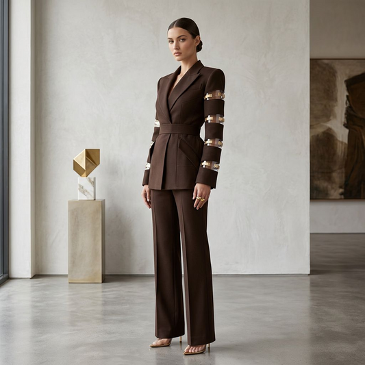 Structured Brown Blazer with Gold Buckle Cut-Out Sleeves