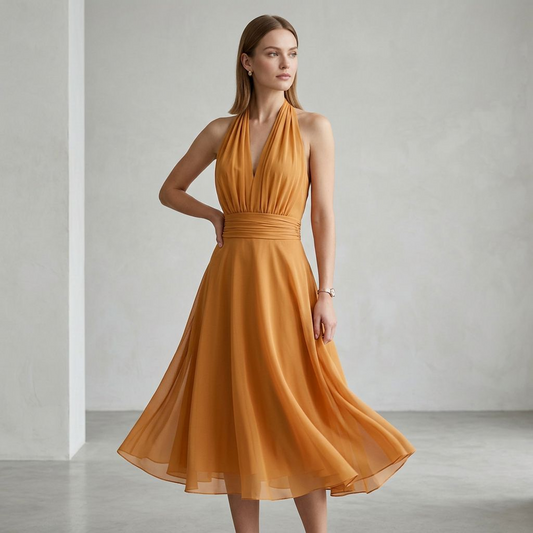 Burnt Orange Halter Neck Chiffon Midi Dress