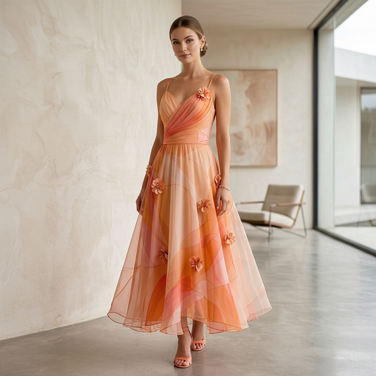 Sunset Ombre Chiffon Floral Appliqué Midi Dress