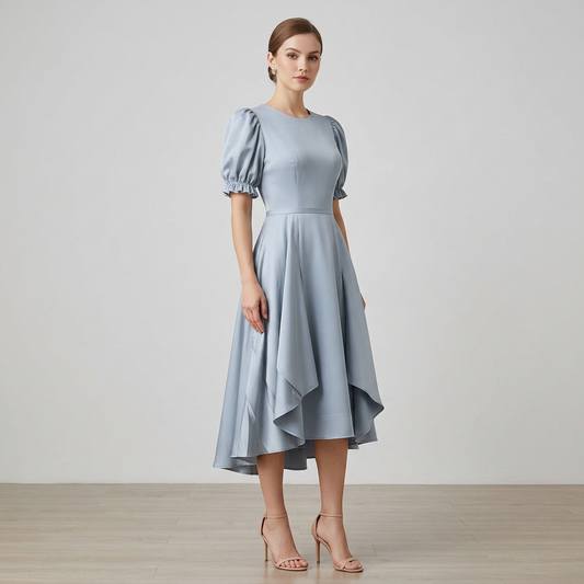Dusty Blue Puff-Sleeve Midi Dress