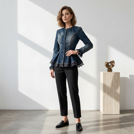 Dark Denim Peplum Jacket with Lace Trim