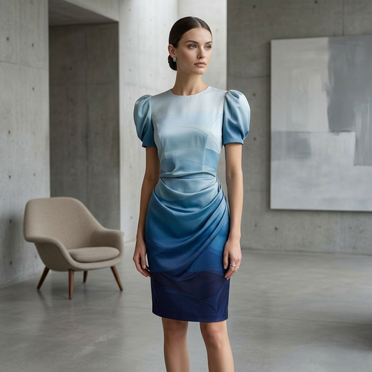 Ombre Blue Puff-Sleeve Sheath Dress