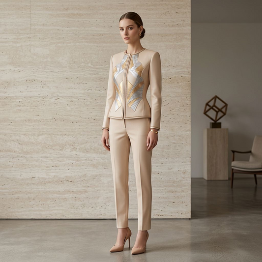 Champagne Metallic Geometric Peplum Jacket