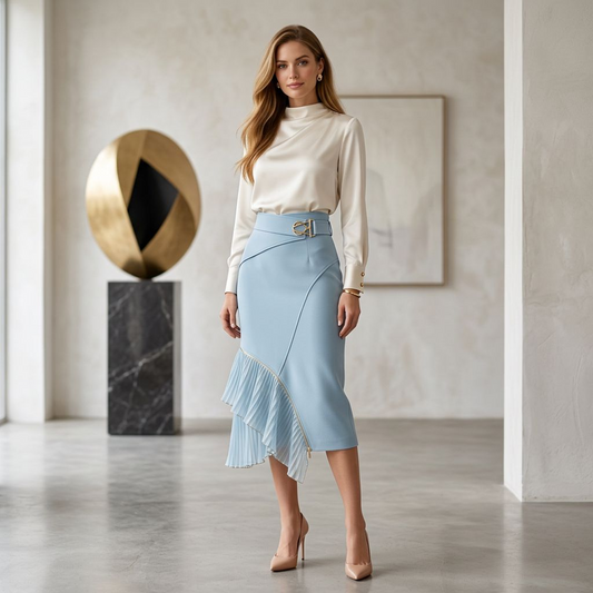 Light Blue Asymmetric Midi Skirt with Gold Buckle &amp; Pleated Hem