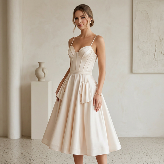 Ivory Corset Satin Fit-and-Flare Dress