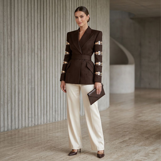 Structured Brown Blazer with Gold Buckle Cut-Out Sleeves