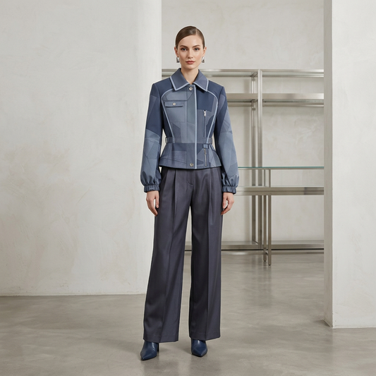 Blue Geometric Patchwork Peplum Jacket
