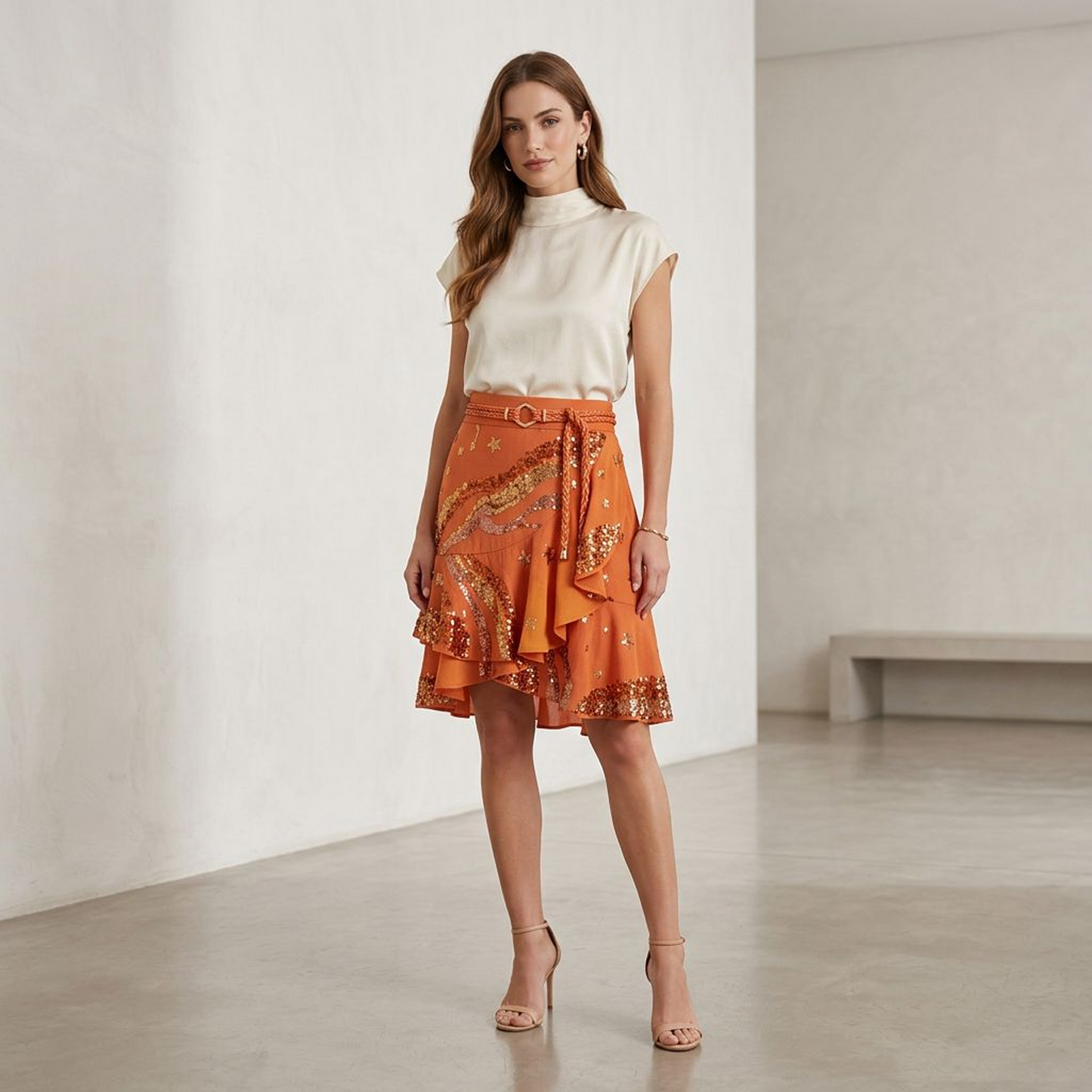 Orange Star Sequin Ruffled Mini Skirt
