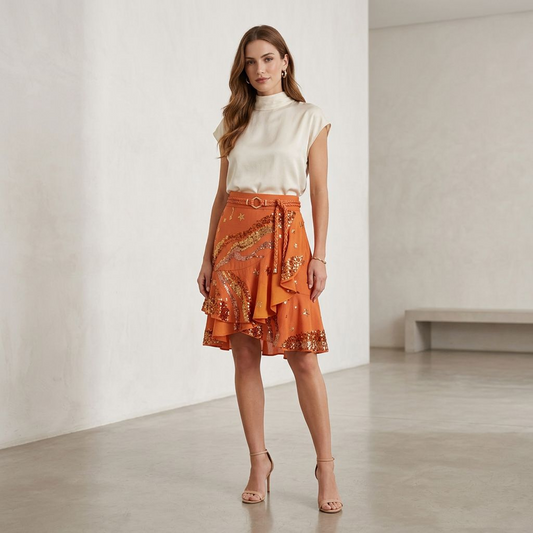 Orange Star Sequin Ruffled Mini Skirt