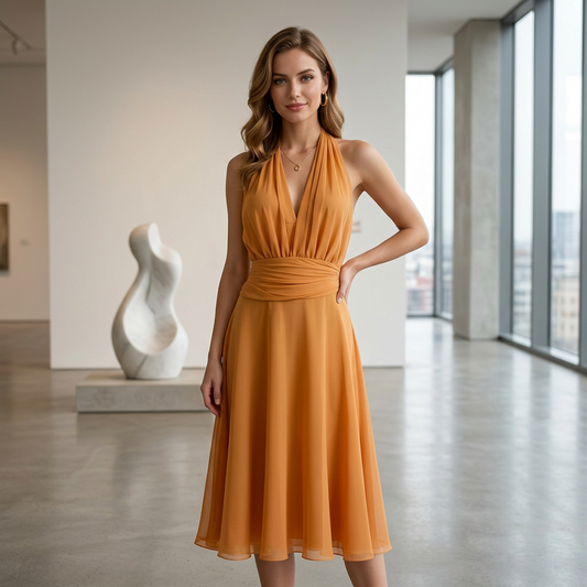 Burnt Orange Halter Neck Chiffon Midi Dress