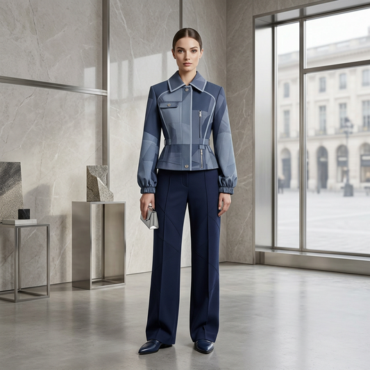 Blue Geometric Patchwork Peplum Jacket