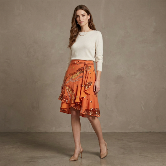 Orange Star Sequin Ruffled Mini Skirt